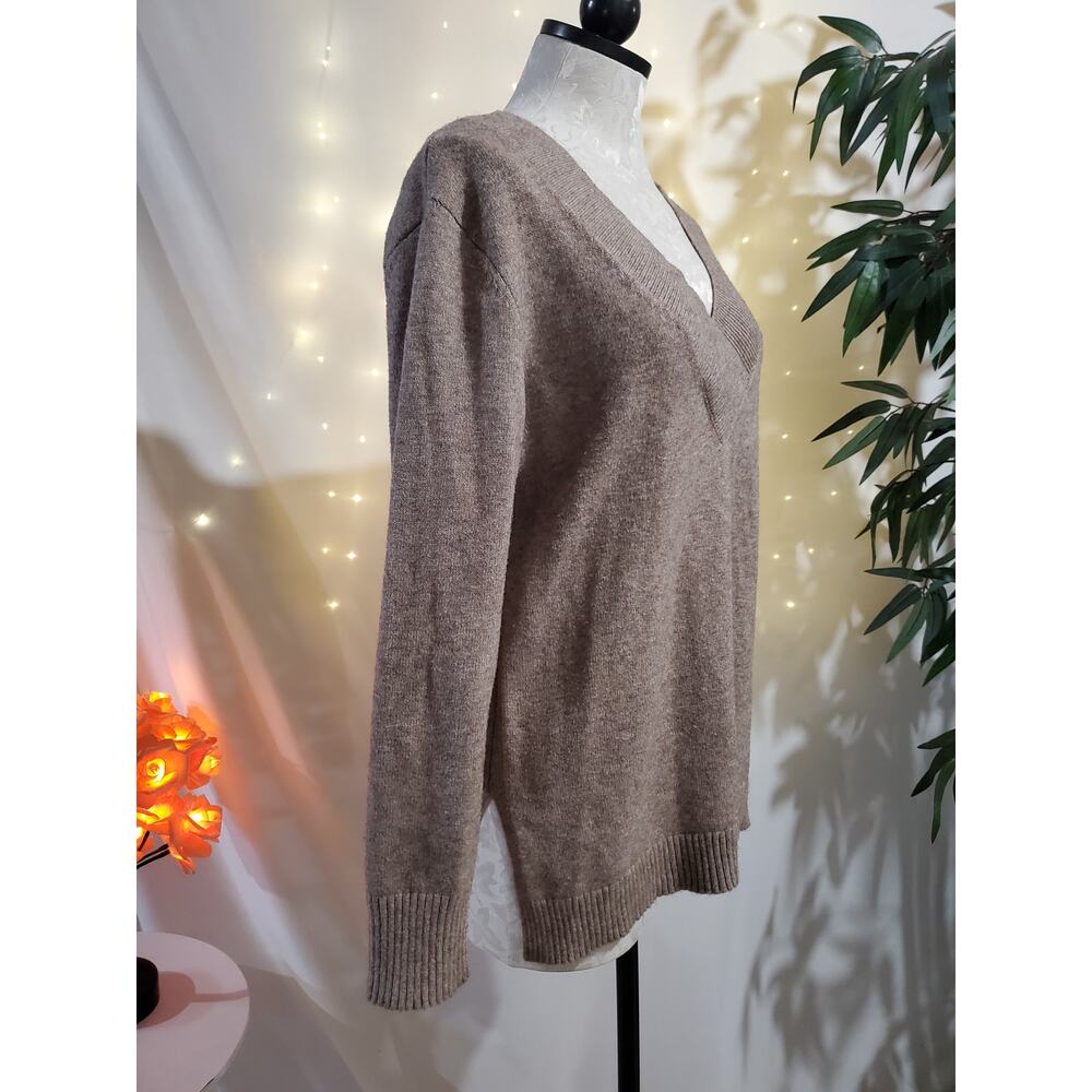 Anthropologie V Neck Tan Ribbed Hi Low Slit Knit Sweater Womens Size S Neutral - Picture 4 of 11